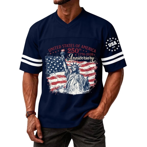 Zimjoy Men's 250th 4th of July Baseball T-Shirts Cotton V Neck USA Flag Liberty Statue 1776-2026 Print Striped Sleeve Independence Day Casual Wear Navy L