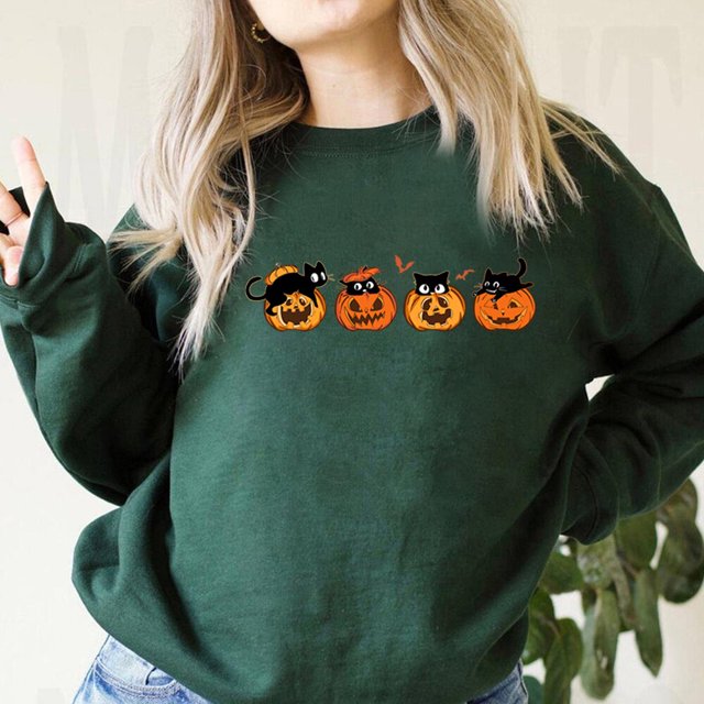 Sudadera con capucha con estampado de gato negro y calabaza, camiseta de manga larga Unisex