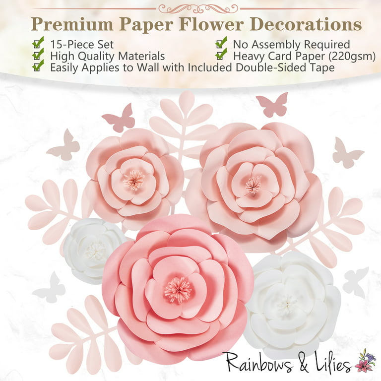 Rainbows & Lilies Large 3D Paper Flowers Decorations for Wall, Wedding, Bridal Shower, Baby Shower, Nursery Decor, Centerpieces,, Pink