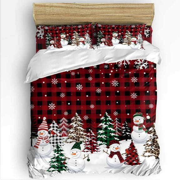 Christmas King Size Comforter Set, Snowman Checked Xmas Tree Snowflake Red Black Plaid Bedding for All Seasons, 4 Pcs Bed Set with 1Comforter (90"x106") ,1 Sheet(94"x116"), 2 Pillowcases (19"x35")