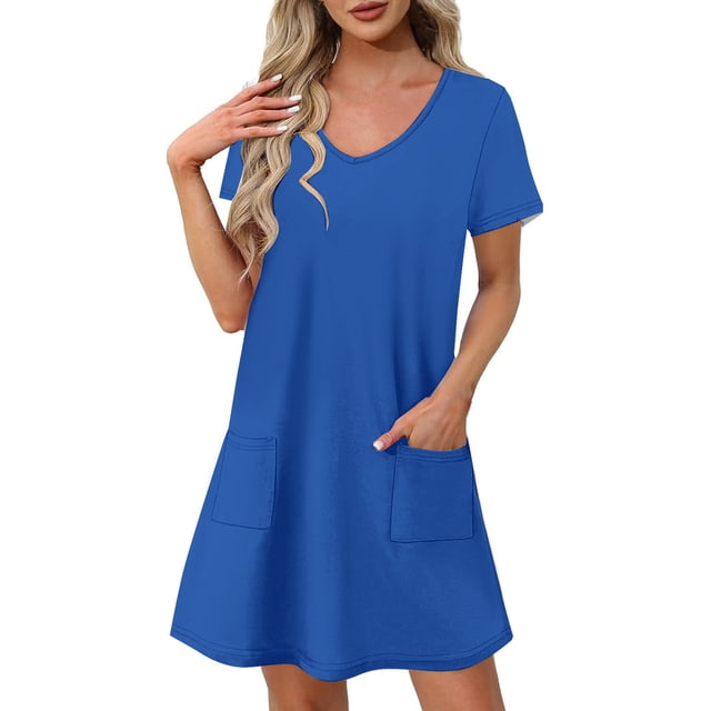 Vestido Corto de Verano de Moda de Color Sólido Vestido Casual de Cuello en V de Manga Corta, Desgaste Ligero de Poliéster para las Mujeres, Lavado de Manos