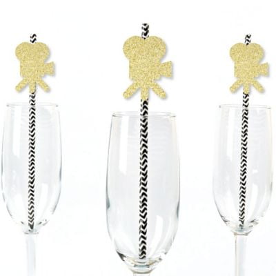 Gold Glitter Movie Camera Party Straws - No-Mess Real Gold Glitter Cut-Outs and Decorative Red Carpet Hollywood Movie Night Party Paper Straws - Set of 24