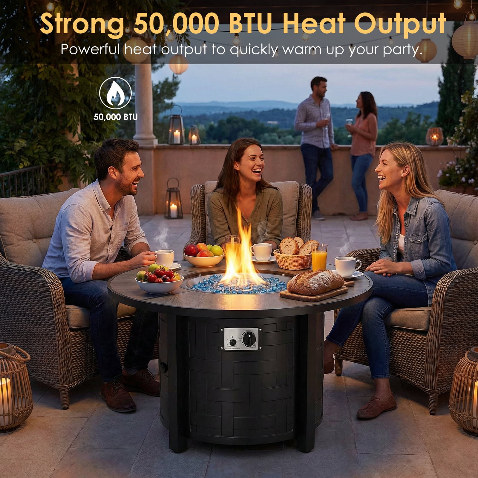 TLGREEN 42" Propane Fire Pit Table with Lid, 50,000 BTU Auto-Ignition Circular Gas Fire Pit for Outdoor, Includes Waterproof Cover & Blue Fire Glass (Gray)