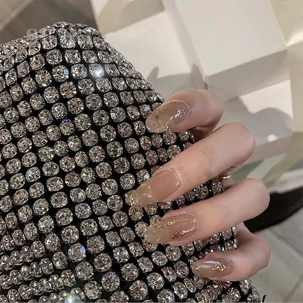 Apuakthei 24 piezas de uñas postizas de longitud media con diseños elegantes y largos con pegamento, uñas acrílicas con punta francesa, uñas postizas brillantes de bailarina, uñas adhesivas para