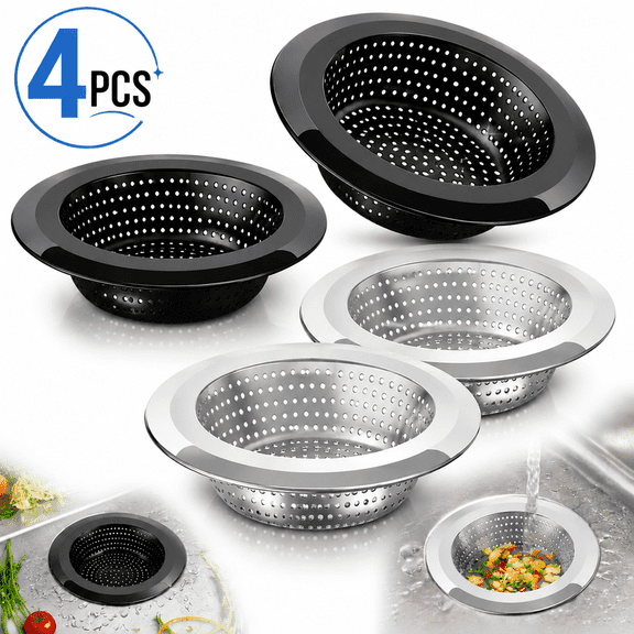 Emlimny Kitchen Sink Drain Strainer, 4 Pack Stainless Steel & Black Mesh Kitchen Sink Strainer, 4.5" Wide Rim Drain Filter with 3" Basket Food Catcher, Sink Drain Protector Strainer for Kitchen
