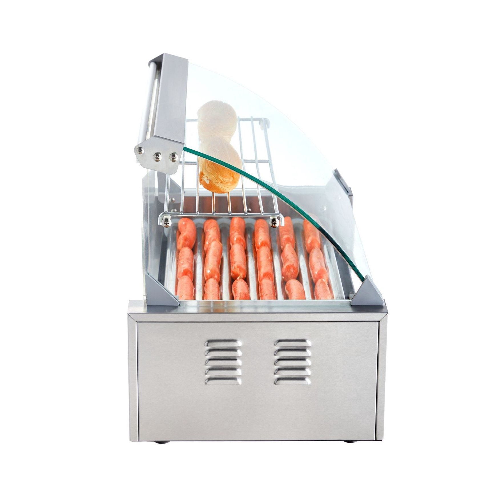 Hot Dog Roller 7 Rollers 18 Capacity 1050W Stainless Steel Sausage Grill Cooker Machine with Dual Temp Control & Bun Warmer