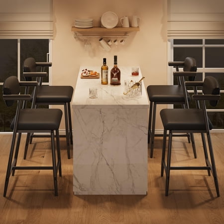 Bar Stools, Counter Height Stools Set of 4 26" Wide Seat with Arms & Back - Upholstered, Metal Footrest, Easy Assembly for Kitchen Island, Rustic Black Faux Leather