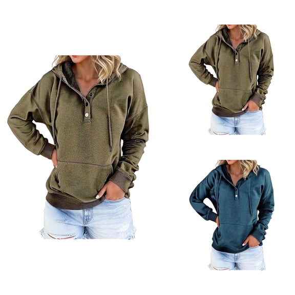 Pullover Hoodies for Women 2025 Long Sleeve Button Plain Hooded Sweatshirt with Pockets Pullover Tops