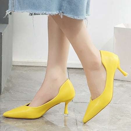 

BCMMKLPP Fashion Summer Women Pumps Pointed Toe Solid Color Medium Heel Shallow Mouth Casual Work Shoes Yellow 37