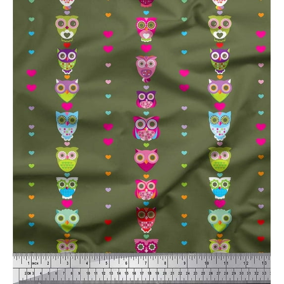 Soimoi Satin Silk Fabric Heart & Owl Kids Printed Fabric 1 Yard 42 Inch Wide