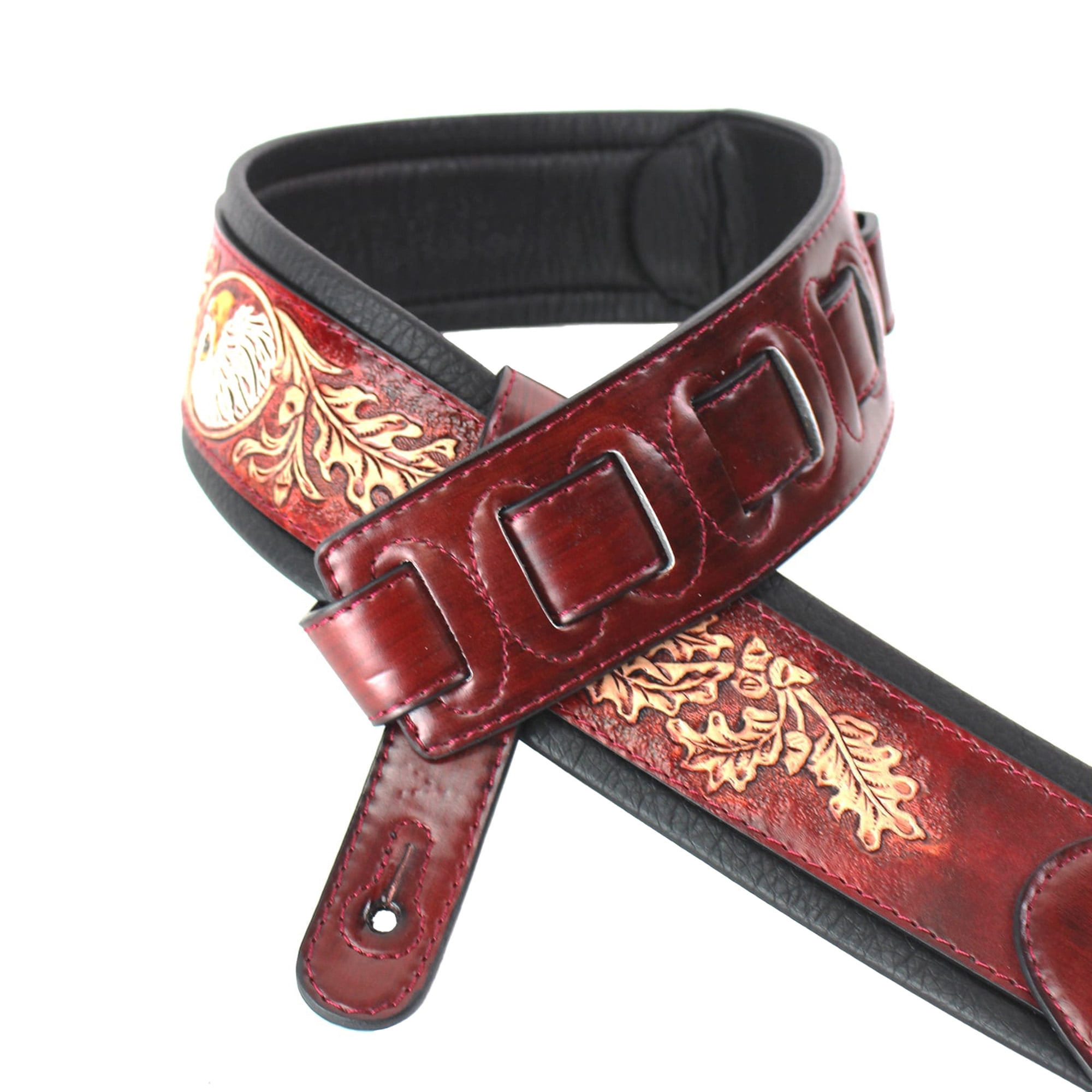 Walker & Williams KB-03-RB Mahogany Brown Full Grain Center Block Carving Leather Padded Guitar Strap With American Eagle & Oak Leaves