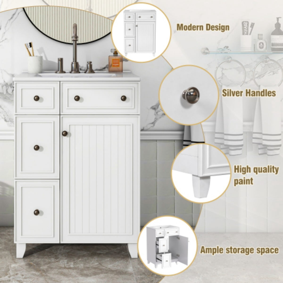 24" Bathroom Vanity with Ceramic Sink, Small Bathroom Vanity Cabinet with 2 Drawers and 1 Door, Freestanding Storage Cabinet, White