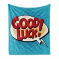 thumbnail image 1 of Going Away Party Soft Flannel Fleece Throw Blanket, Comic Book Pop Art Style Retro Speech Balloon Luck Text, Cozy Plush for Indoor and Outdoor Use, 70" x 90", Pale Blue Red Yellow, by Ambesonne, 1 of 6