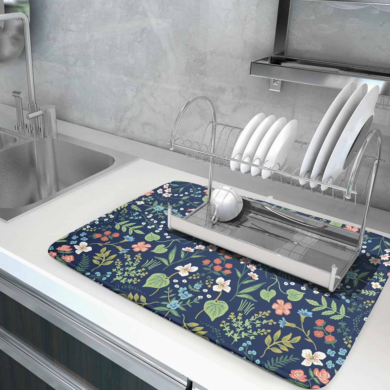 Flower Floral Dish Drying Mat 18x24 inch Microfiber Navy Blue Drying Mats with Hanging Loop Absorbent Green Leaves Dish Drainer Mat Reversible Flowers Drying Pad for Kitchen Counter Sink Walmart