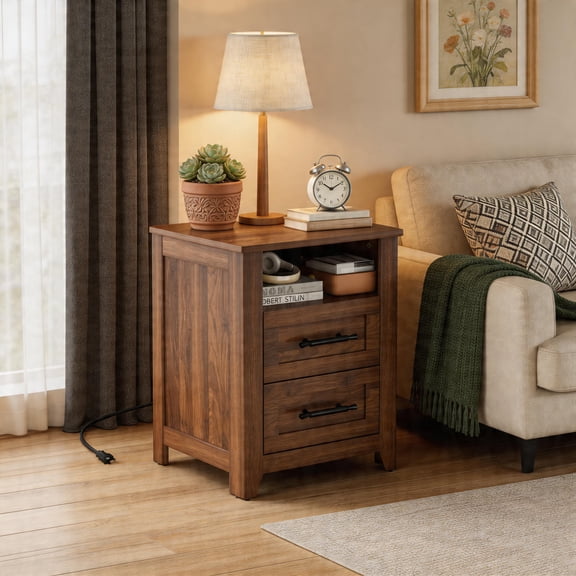 Nightstand with Charging Station, Side Table with 2 Drawers and Open Storage, Retro Bedside Table, End Table for Bedroom, Living Room