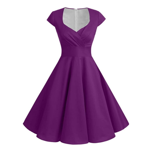 Vestido retro de fiesta liso para mujer: diseño informal de corte A, cintura alta para diversas ocasiones, tallas S-XXL.