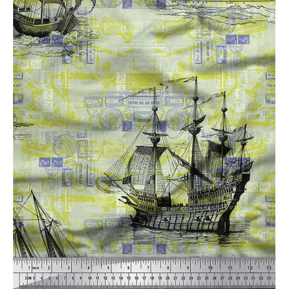 Soimoi Polyester Crepe Fabric Ship Ocean Printed Fabric 1 Yard 52 Inch Wide