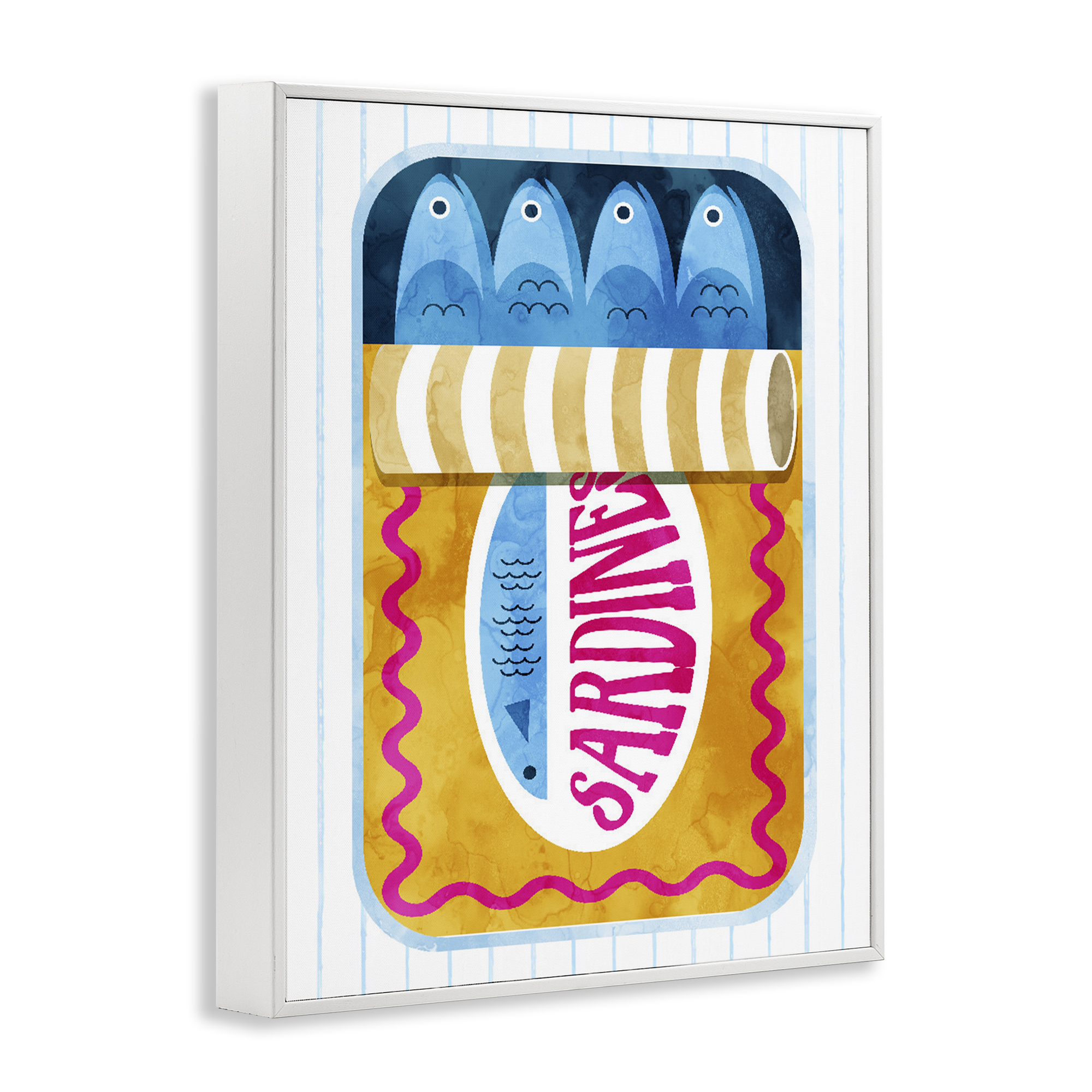 Yellow Sardine Tin over Stripes White Framed Giclee Art, design by Daphne Polselli