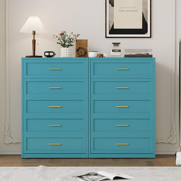 Blue Metal Dresser with 5 Drawer,48" Tall Chest of Drawers with Wide Metal Handle,Drawer Organizer for Bedroom,Living Room,Hallway and Entryway