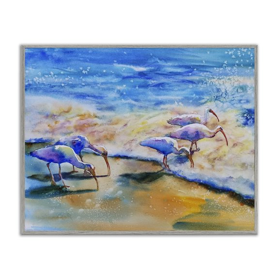 Stupell Industries Contemporary Egret Birds Walking Ocean Shore Splashing Water Gray Framed Giclee Art, 20 x 16, by MB Cunningham