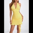 thumbnail image 4 of Vestido Corto Ajustado con Escote en V Profundo y Fruncido para Mujer, con Dobladillo de , para Fiesta y Club, de Verano Amarillo M, 4 of 10