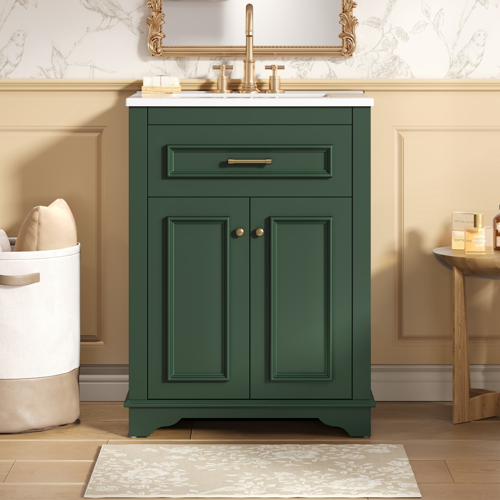 Euroco 24" Bathroom Vanity with Integrated Ceramic Sink, Bathroom Cabinet with 2 Doors, 1 Tip-Out Drawer, Single Sink Bathroom Vanity for Small and Medium Restroom, Green