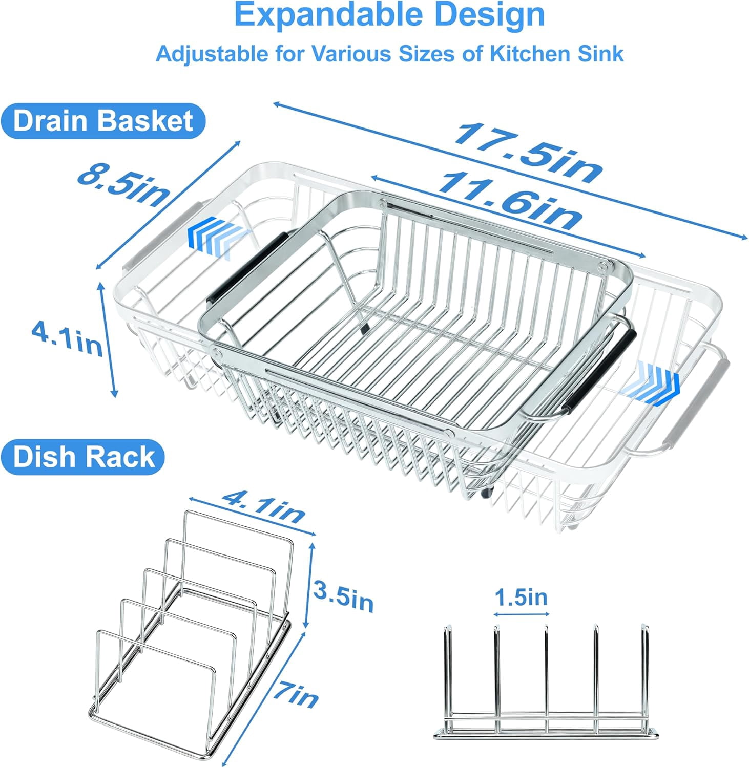 Dish Drying Rack Over The Sink, Stainless Steel for Kitchen Counter, Expandable Drainer for Kitchen Sink Organizer, 2-in-1 Extend Drain Basket and Plates Holder for Utensil Storage
