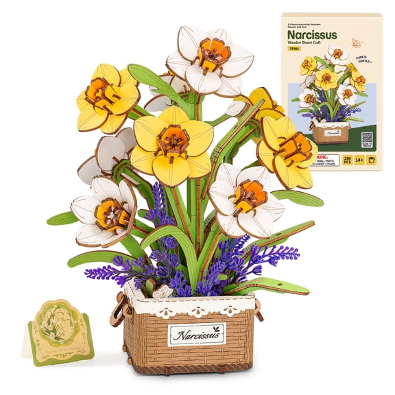 Robotime Artificial Flower Wooden 3D Puzzle, Narcissus DIY Flower Bouquet Model Building Kit for Home Decor, Mother's Day Valentine's Day Gifts