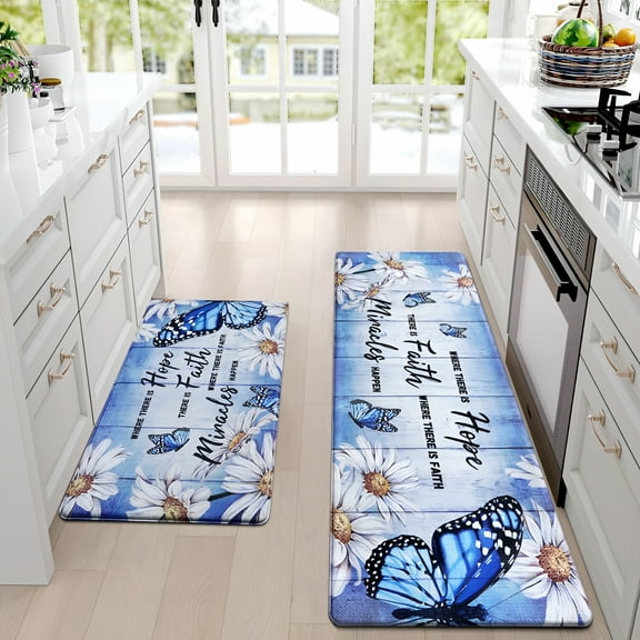 LAMIRO Butterfly Kitchen Rugs Set of 2 Kitchen Mats for Floor Farmhouse Anti Fatigue Mats for Kitchen Floor,Daisy Kitchen Rugs Non Slip Washable Standing Floor Mats,18" x 30"   18" x 48",Blue