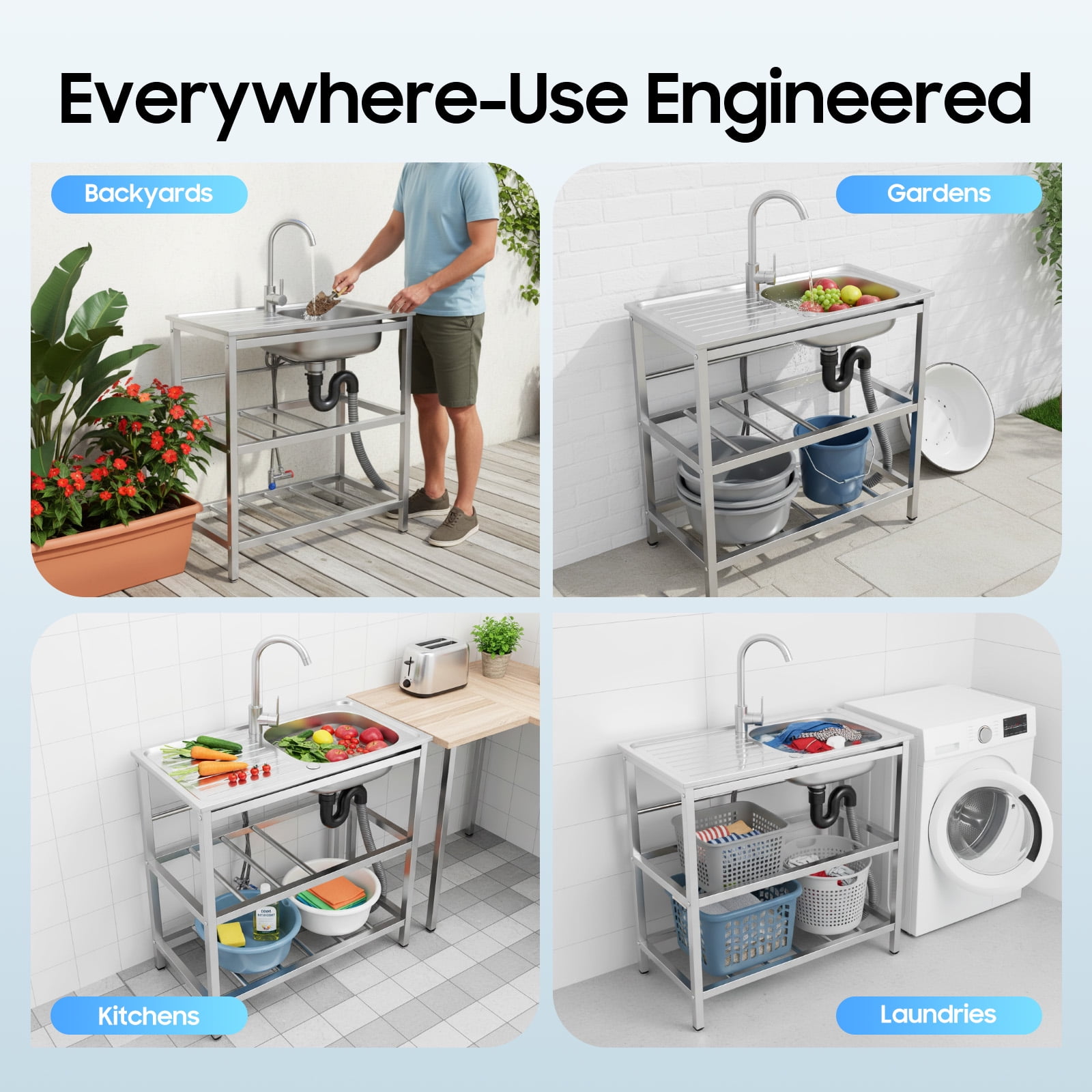 ChicHomey Freestanding Outdoor Kitchen Utility Sink, Stainless Steel Sink with Faucet,with Cleaning Table&Storage Shelves, for Backyard Garden Kitchen