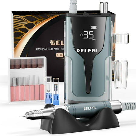 Gelpal Rechargeable Nail - Brushless Motor - Electric Nail for Acrylic Nails Professional,35000RPM Electric Nail File,Cordless Nail for Home Salon, Low Noise, Low Heat, Blue Grey ALT1