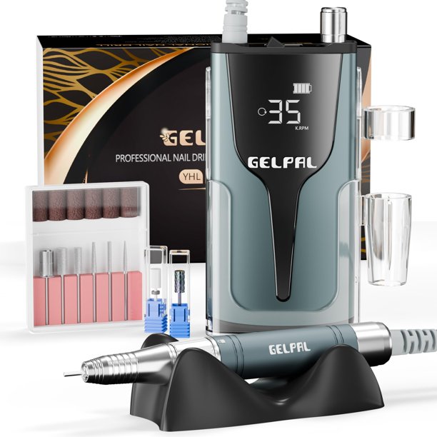 Gelpal Taladro de uñas recargable - Motor sin escobillas - Taladro de uñas eléctrico para uñas acrílicas Profesional 35000RPM Lima de uñas eléctrica Taladro de uñas inalámbrico para salón en casa Bajo