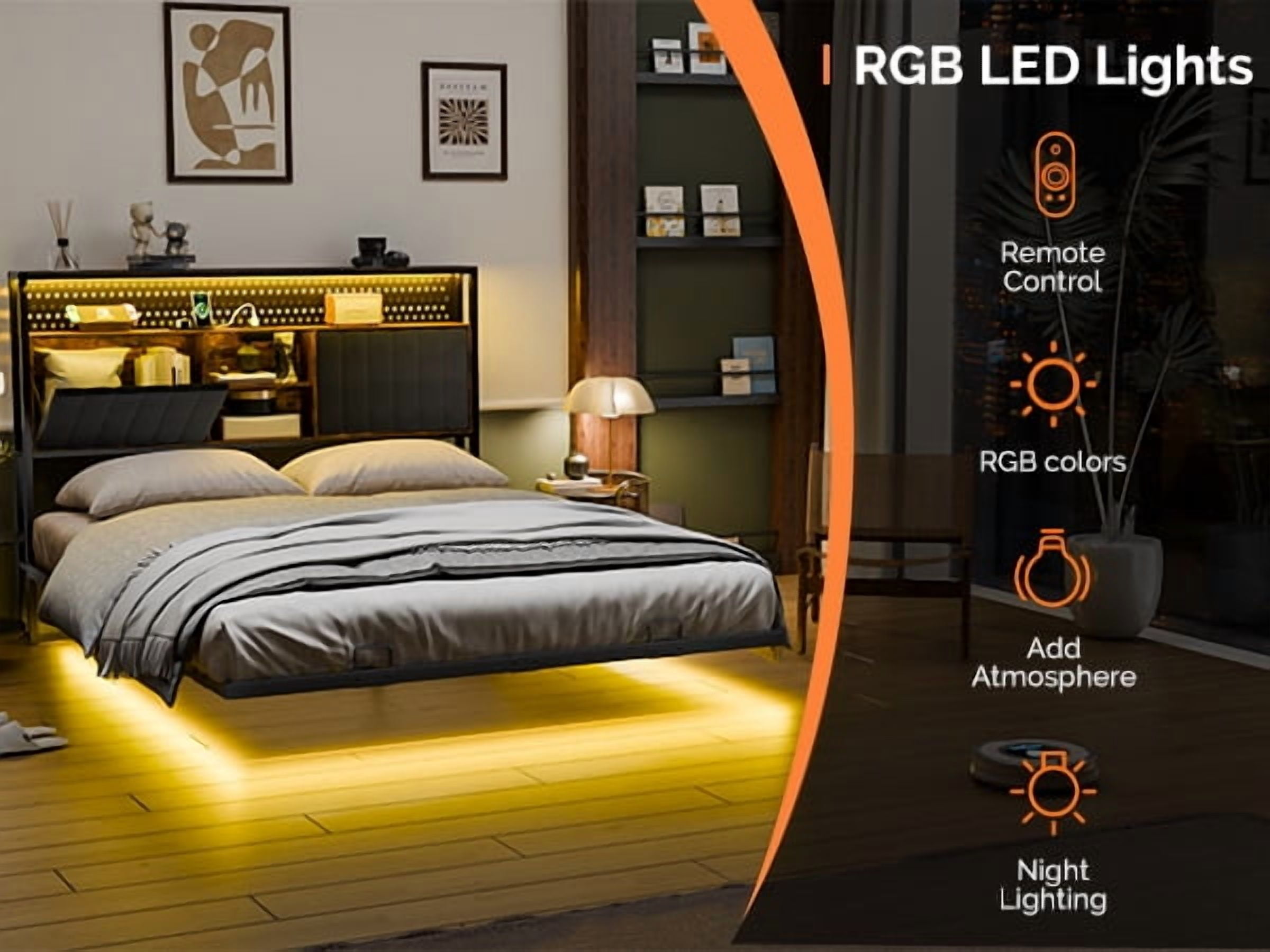 UBesGoo Floating Bed Frame Queen Size with Storage Headboard, Metal Platform Bed with LED and Charging Station for Bedroom, Black