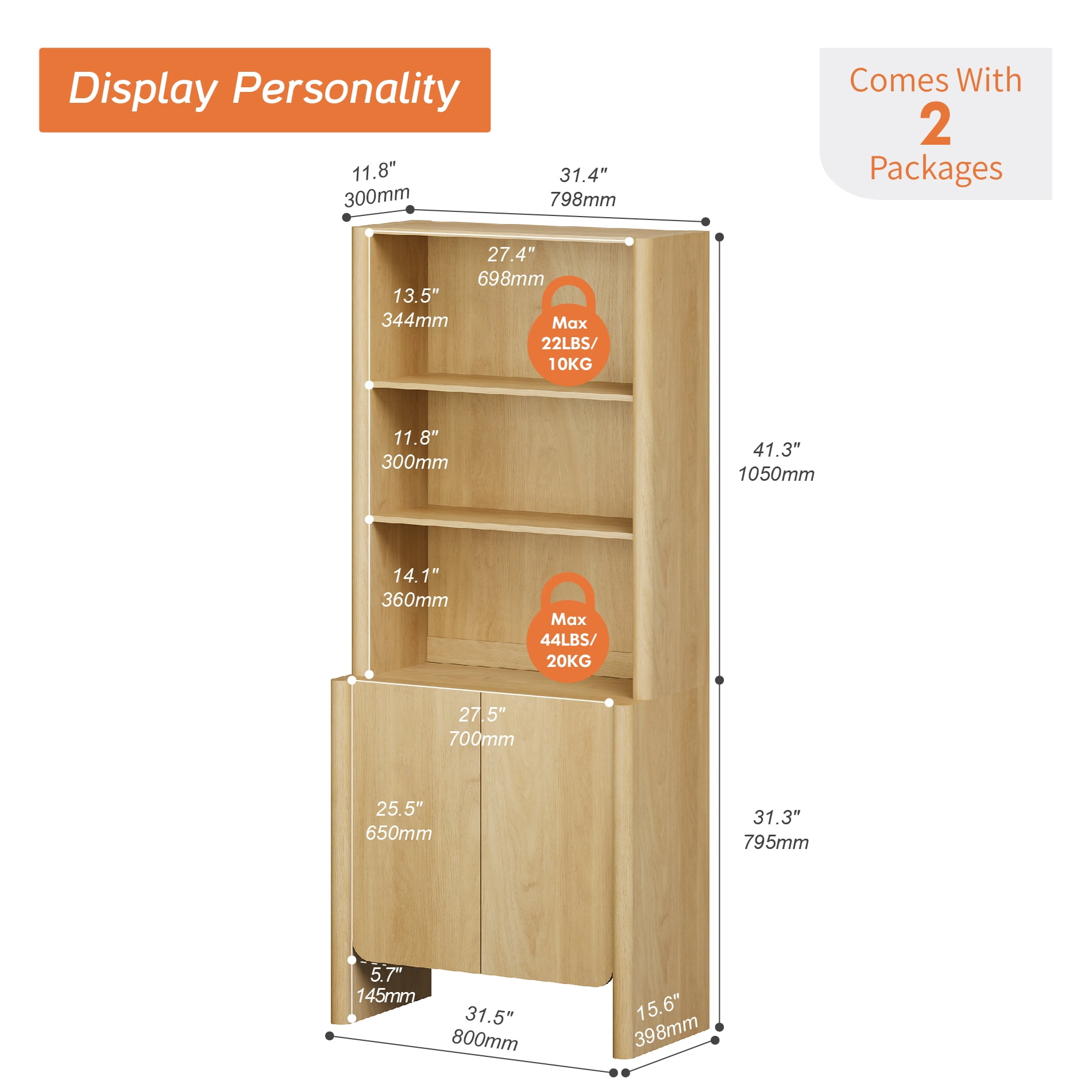 31.5-Inch Modern French Bookcase with Curved Edges, Cabinet Doors and Open Shelves, 72.8" Tall, Oak