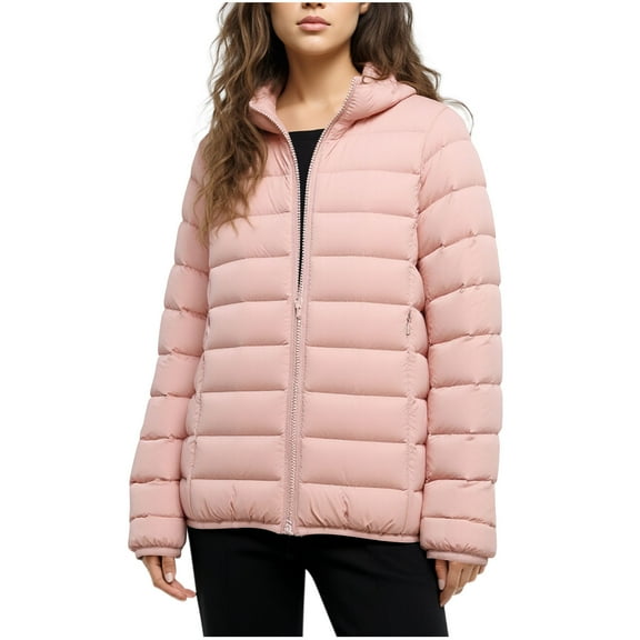 Women's Lightweight Packable Puffer Jacket - Quilted White Duck Down Warm Winter Coat, Hooded Zip Up Stand Collar Outwear with Pockets