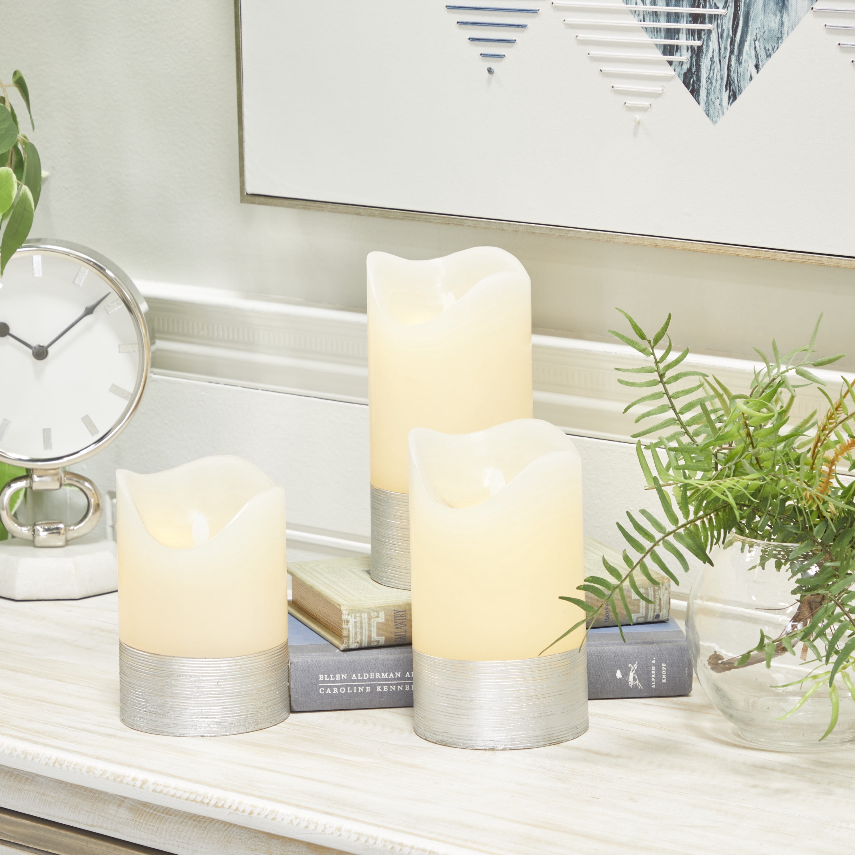 DecMode 8", 7", 6"H Silver Base Unscented Wax  Flameless Candle with Remote Control (Set of 3)