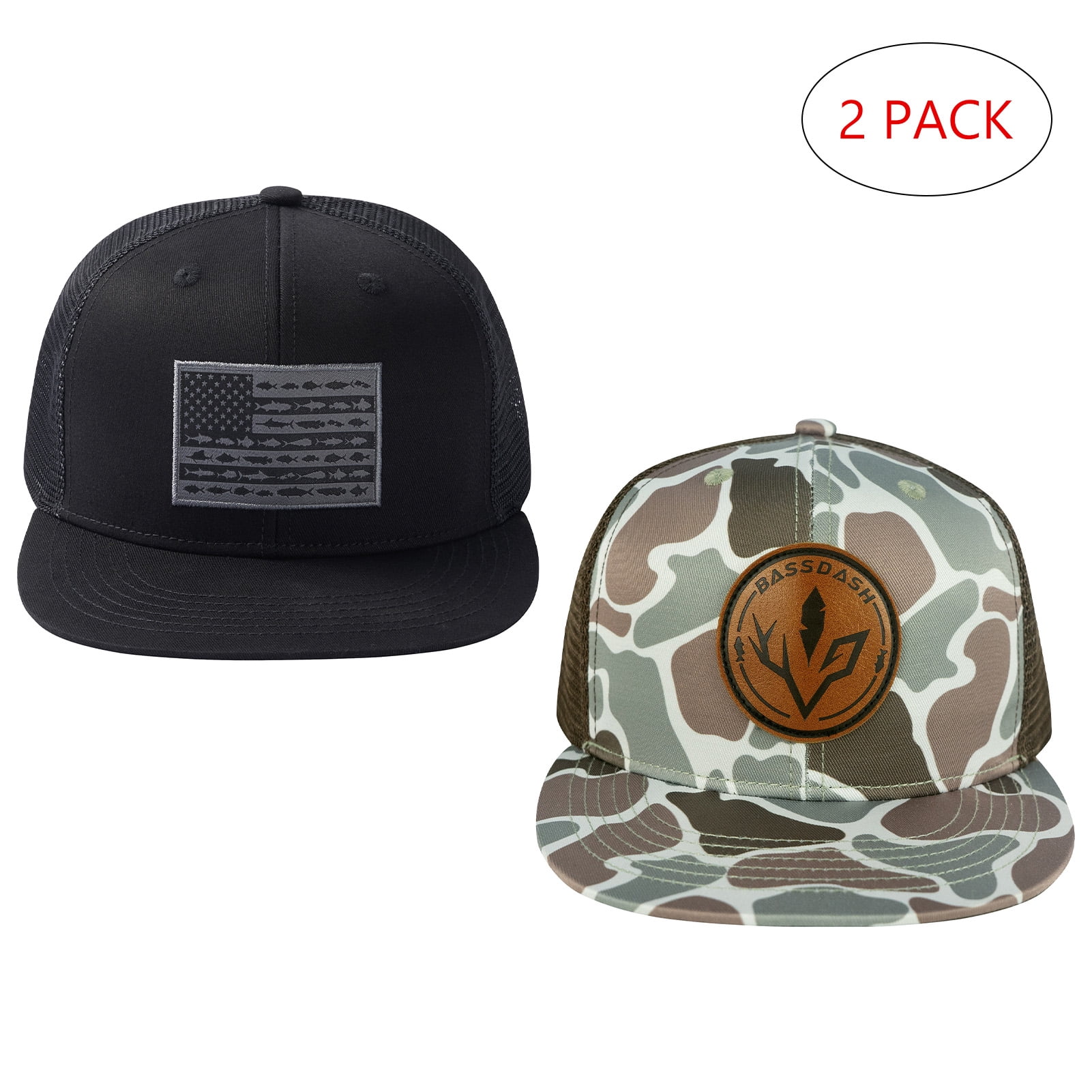 BASSDASH 2 Pack Flat Brim Trucker Cap Adjustable Snapback Hat Mesh Back For Men Women Fishing Hunting