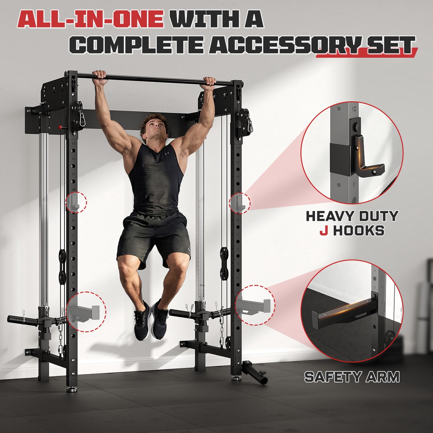 Wall Mounted Folding Squat Rack,1200 LBS Power Rack with Dual Independent Pulley System, 5 Adjustable Modes, Functional Trainer for Space Saving Home Gym with 1000 LB Weight Bench and Barbell ,Black