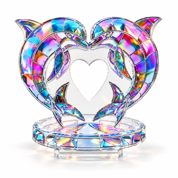 Diceymbol 7.87 in Stained Glass Heart Acrylic Table Decor, Colorful Double Dolphin Love Figurine Art Desk Ornament for Home, Office, Living Room and Wedding