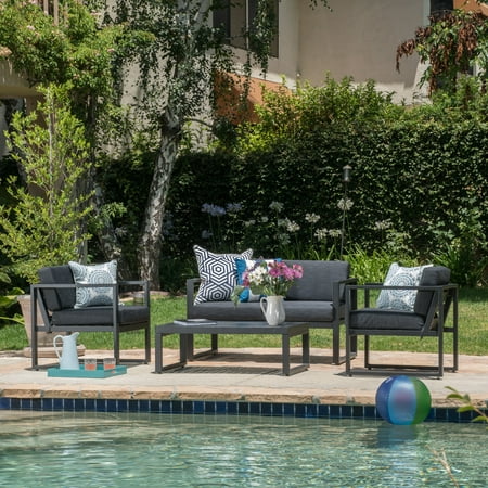 Aluminum 4 Piece - Calderon 4 Piece Outdoor Aluminum Chat Set, Dark Gray