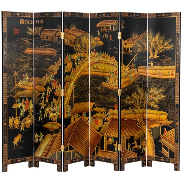 Oriental Furniture 6 ft. Tall Black Lacquer Room Divider Ching Ming