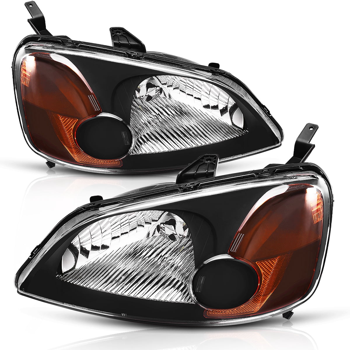 RVNI Fits 2001-2003 Honda Civic 4-Door Sedan Black Headlights Amber Corner Lamps