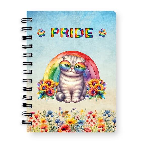 Scottish Fold Celebrates Rainbow Pride Month LGBT LGBTQ Spiral Bound Journal Cat Lover Kitten Owner Gifts 5x7in Spiral Notebook - 01003