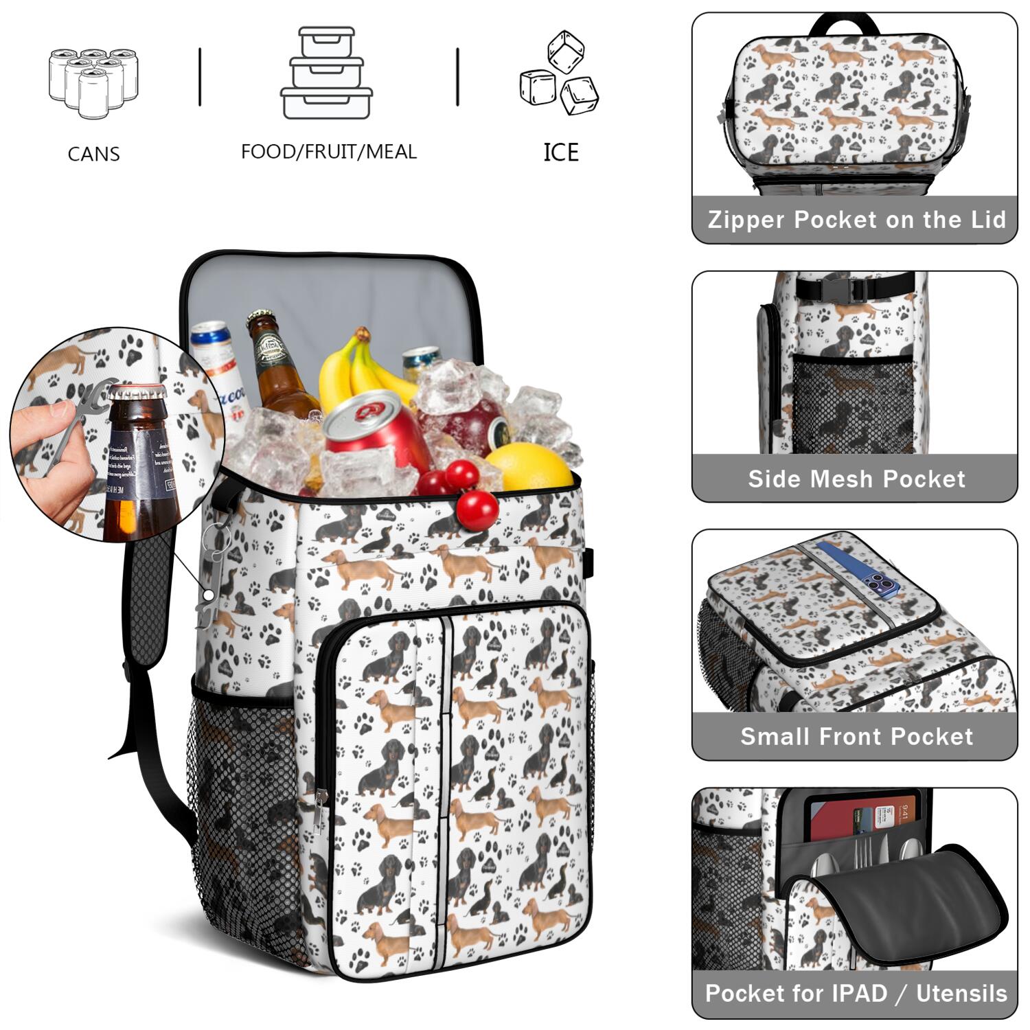 Travel Cooler Bag - Dachshund Footprint Camping Beer Cooler Backpack with Bottle Opener- Waterproof Insulated Picnic Backpacks - Cooler Bag for Beach