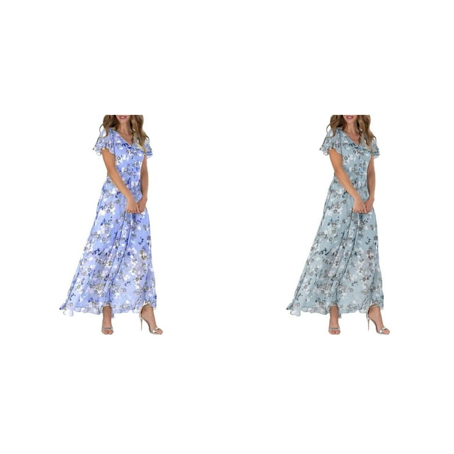 (2-Pack) Rinsvye Womens Beach Maxi Dress Chiffon Floral Sleeveless Ruffle Hem V Neck Summer Vacation Wear