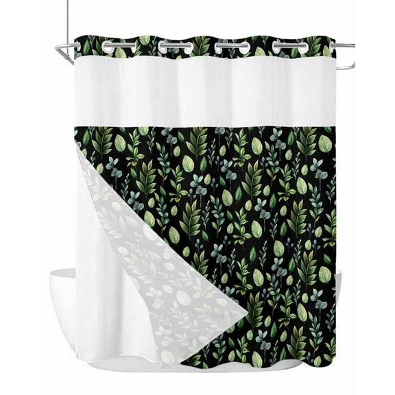 No Hook Cloth Fabric Shower Curtain with Snap in Liner, Dark Green Leaves Waterproof Shower Curtains Set with See Through Top Window, Pastoral Farmhouse Botanical Plant Bath Curtains Shower 66"x72"