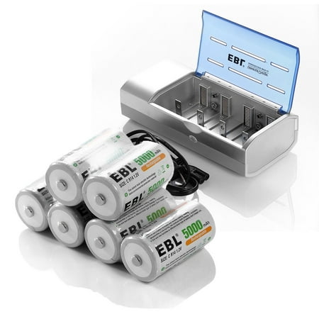 EBL 6 Pack Size C 5000mAh Rechargeable Batteries with Battery Charger For C D 9V AA AAA Ni-CD Ni-MH