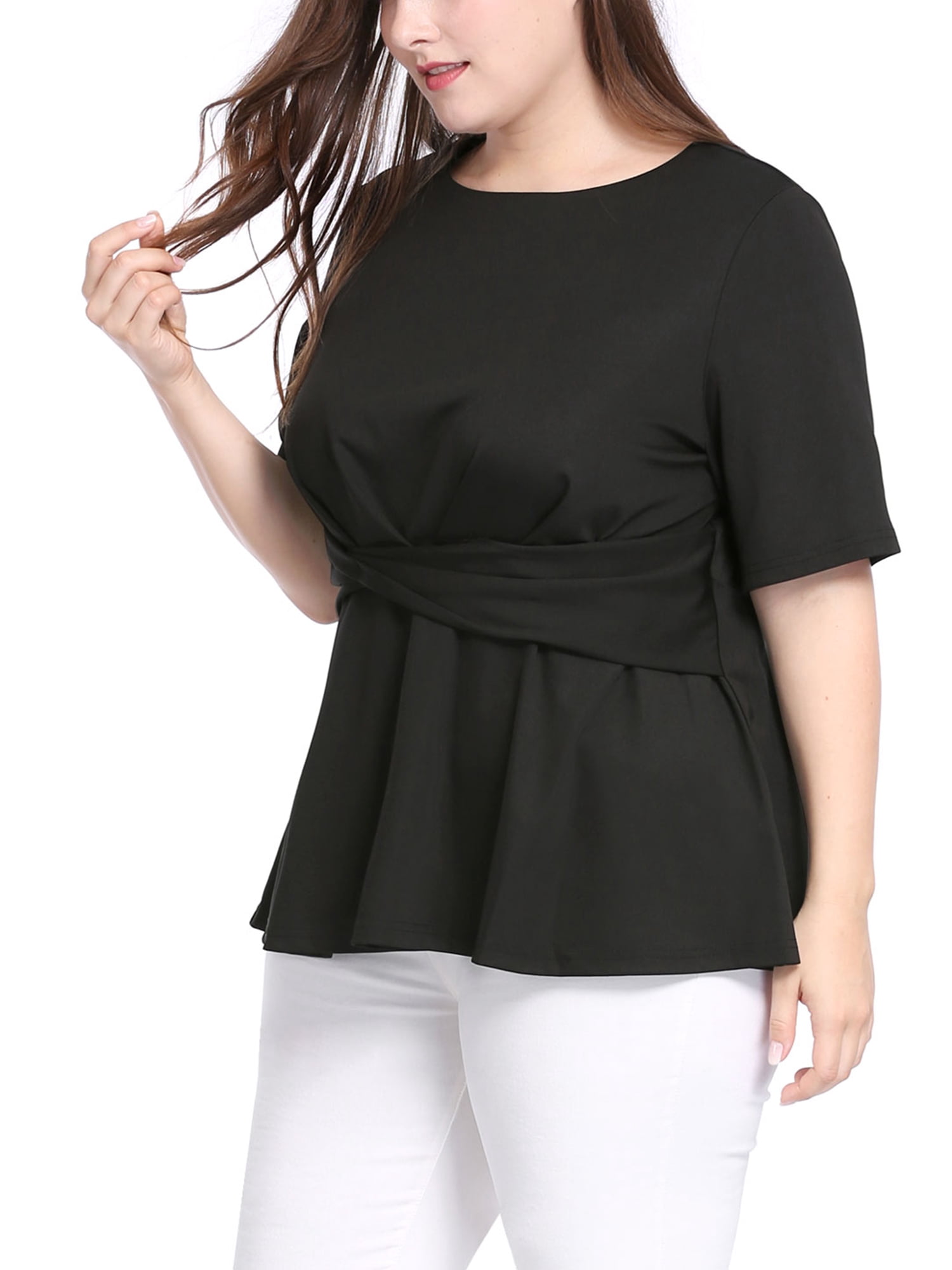 Unique Bargains Women's Plus Size Short Sleeve Solid Outfits Fashion Wrap Peplum Tops 1X Black
