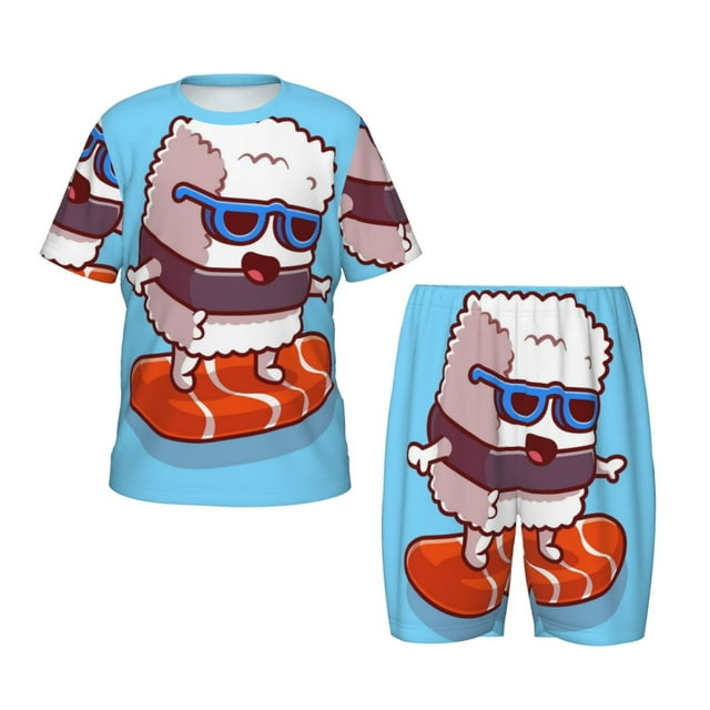 Fotbe Sushi Salmon Surfing Pijama Estampada de 2 Piezas para Niños – Ropa de Dormir de Manga Corta Cómoda para Niños y Niñas, Camiseta y Shorts de Algodón-Small