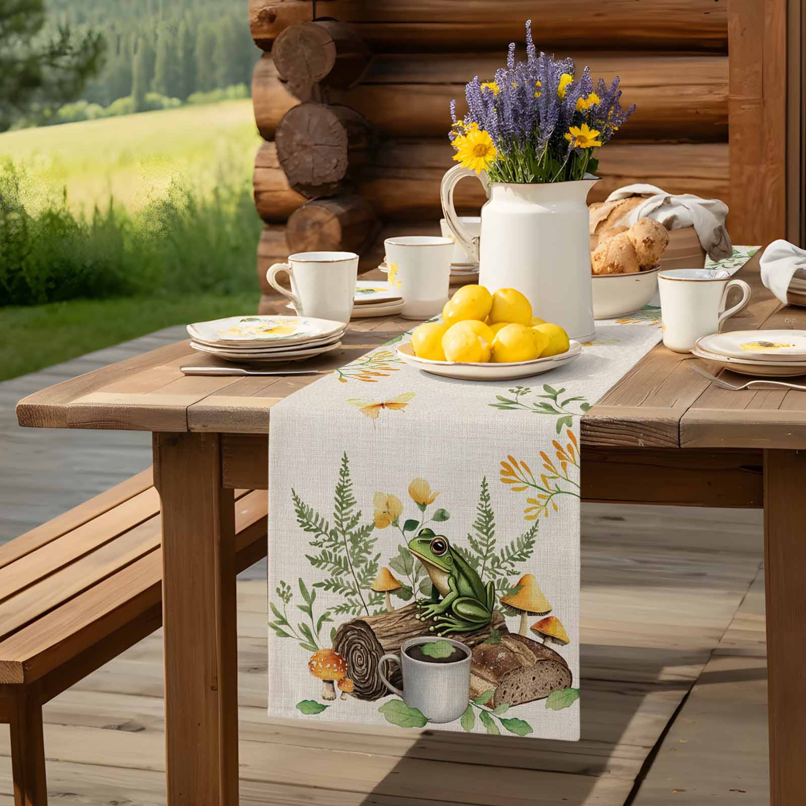 Pastoral Coffee Frog Mushroom Table Runner 90 Inches Long, Retro Bread on Linen Table Runners Tabletop Scarf Kitchen Dining Tables Decoration for Home Party Indoor Outdoor